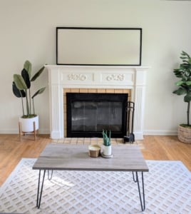 Cozy living room featuring a decorative fireplace, modern coffee table, and stylish plants for a welcoming atmosphere.