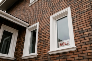Sold sign in the window of a stylish single-family home showcasing modern brick exterior, ideal for Portland real estate investments.