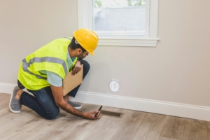 Home inspector evaluating HVAC vent in a modern single-family home, ensuring quality for Portland real estate buyers.