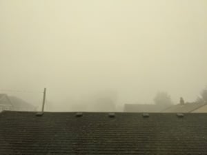 Foggy view of residential roofs, showcasing Portland's unique climate and neighborhood charm for potential buyers.