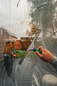 Hand cleaning a window with a squeegee, showcasing tidy exteriors for appealing Portland real estate properties.